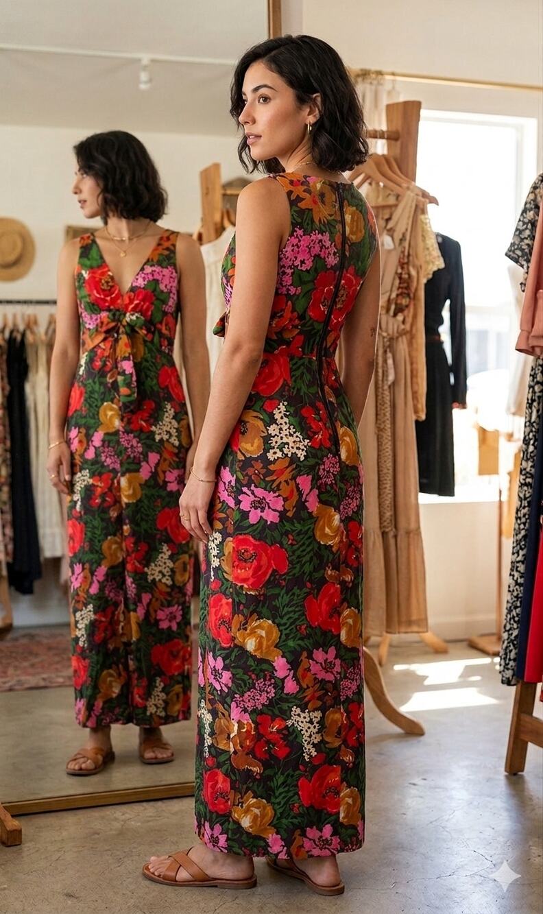 VTG 90s California Concepts Floral Maxi Dress Knot Front Boho Whimsigoth 8 / XXS